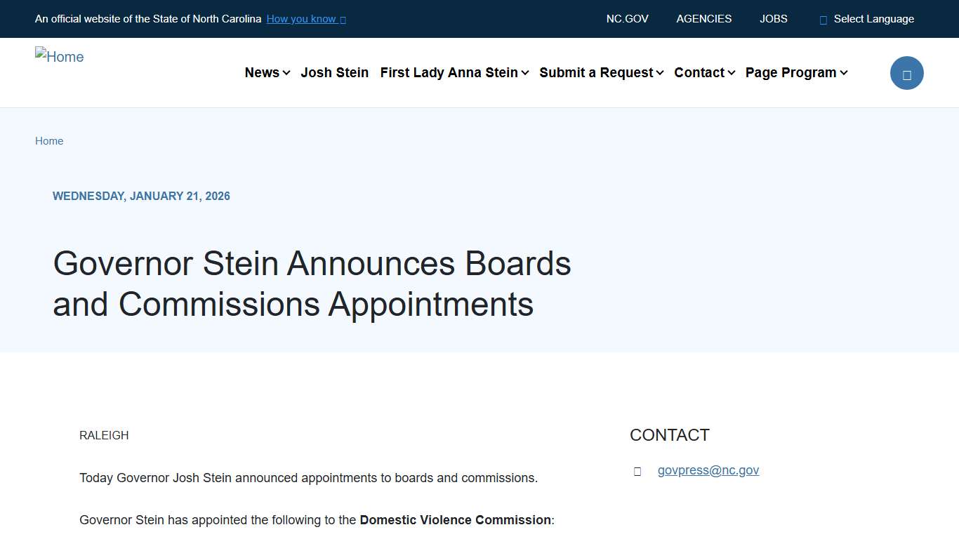 Governor Stein Announces Boards and Commissions Appointments | NC Governor
